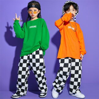 緑 オレンジ トップス スウェット キッズ ダンス衣装 ヒップホップ チェック柄 パンツ 長袖 シャツ ジャズダンス ジュニア 子供服 男の子 女の子 応援団 練習着 子供 韓国 ダンス