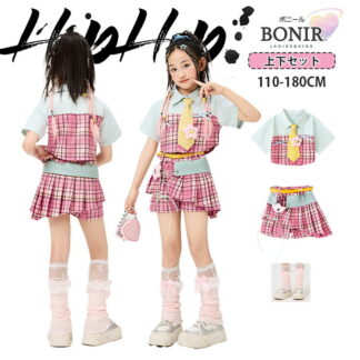 ピンク タータンチェック へそ出し 半袖 シャツ ダンス衣装 女の子 Y2K k-pop アイドル ネクタイ パッチワーク スカート レッグウォーマー キッズ ジャズ 応援団 hiphop 団