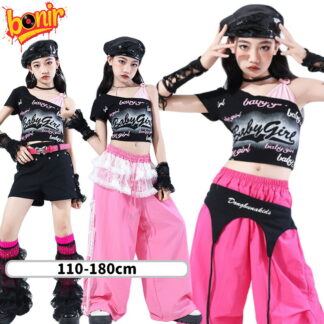女の子 キッズダンス衣装 トップス ショーツパン ズボン ストリート HIPHOP Y2K K-POP ヒップホップ ブラック ピンク 個性 腰巻きスカート アームカバー 露肩 パンク系 春