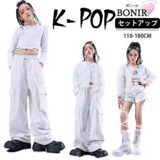 キッズ ダンス衣装 女の子 白セットアップ ヒップホップ キラキラ スパンコール ジャケット へそ出し 白シャツ チアガールズ ダンス ホワイト 白 上着 K-P カーゴパンツ
