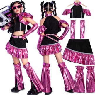 キッズ ダンス ダンス衣装 Y2K ヒップホップ スカート チアガール へそ出し キラキラ ピンク jazz セットアップ 女の子 トップス キッズダンス衣装 上下 ジャッ レッグウォーマー