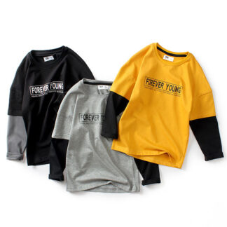 長袖Tシャツ 男の子 秋 Tシャツ 偽二枚 カットソー 春 クルーネック コットン 子ども トップス フェイクレイヤード おしゃれ ジュニアTシャツ イエロー グレー ブラック ボーイズ