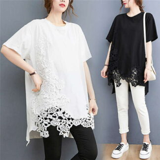 Tシャツ レディース チュニック シャツブラウス レース切り替え 刺繡 綿 UVカット 紫外線対策 ロングシャツ チュニックワンピ 半袖 上着 春 夏 無地 ゆったり カジュアル 通勤 体型カバー