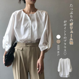 パフスリーブ シャツブラウス レディース シャツ ブラウス 七分袖 ボリューム袖 バルーンスリーブ ぽわん袖 トップス カジュアル オフィス 大きいサイズ 体型カバー ゆったり 通勤 無地 薄