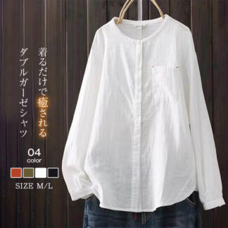 クーポンで2780円 ガーゼ シャツ レディース 長袖 ノーカラー 2重ガーゼ シャツブラウス トップス 春 夏 秋 冬 カジュアル ナチュラル ダブルガーゼ 羽織り 体型カバー 通勤 シン