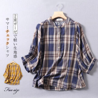 シャツ ガーゼ シャツ 7分袖 2重ガーゼ シャツブラウス レディース チェック ブラウス トップス 春 夏 秋 プルオーバー カジュアル ナチュラル ダブルガーゼ 体型カバー 柔軟 通