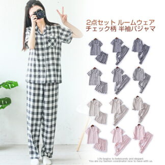 ルームウェア レディース 部屋着 パジャマ 2点セット シャツパンツ ルームウエア チェック柄コットンおしゃれ かわいい 大人 春可愛い 長袖 ウェア カジュアル 半袖大きサイズ上品 ルーム