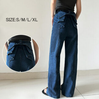 レディースファッション 少女女性 レディースバックリボンデニムパンツ ハイウエスト ステッチデザイン フリル付き 後ろ姿映え ボトムス パンツ 着回し力抜群 ロング レディースファッション 20代