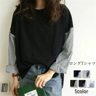 Tシャツ 長袖 ロンT ロング丈 カットソー トップス レディース ビッグT ゆったりオーバーサイズ クルーネック 秋 冬 重ね着 大人 無地 袖ストライプ カジュアル ブラック ホワイト シンプル