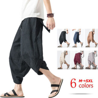 男性 メンズパンツ 大きいサイズ クロップドパンツ ハロンパンツ リネン風 メンズ ストライプ7分丈 ゆったりパンツ ワイドパンツ 冷感 綿麻 通気 夏 リラックス ゴム仕様 男性用 袴パンツ