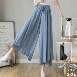 レディース ロングパンツ ボトムス ワイドパンツ ウエストゴム シフォンパンツ ひも付き ガウチョパンツ マキシ丈 プリーツパンツ カジュアルパンツ パンツ お洒落 シンプル カジュアル 通