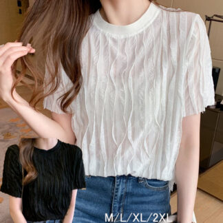 花びら tシャツ レディース クールネック 半袖 透け感 ガーリー 柔らかい ブラック ホワイト 韓国ファッション
