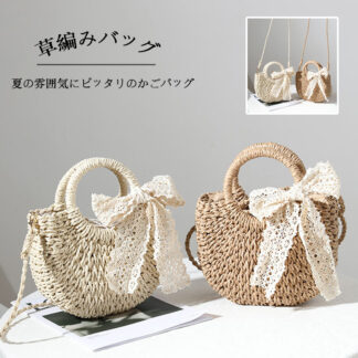 2カラー 草編みバッグ レディースバッグ ブランド雑貨 浴衣コーデ 巾着 レースリボン付 軽い かわいい 機能的 シンプル 通勤 通学 旅行 便利 実用 遠足 女子