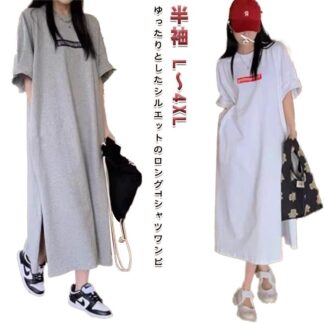 カットソー tシャツワンピース 半袖 レディース ロゴ マキシ丈 半袖tシャツ ロングtシャツ スウェット ワンピース ロングワンピース プルオーバー ロング マキシ スリット