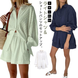 カジュアル 長袖 短パン セットアップ ショートパンツ シアーシャツ シャツ 夏 レディース 薄手 大きいサイズ イージーパンツ ブラウス シースルー 上下セット おしゃれ ゆったり シアーシ