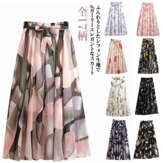 夏服 花柄シフォンスカート きれいめ スカート フラワースカート かわいい ミモレ丈スカート ひざ丈 ウエストゴムスカート 膝丈スカート ウエストゴム 大人 パーティー