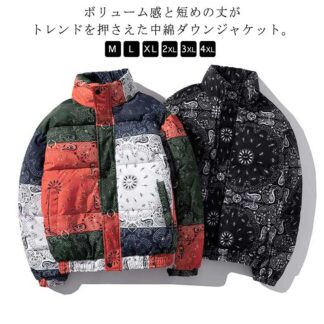 ブルゾン 中綿 40代 コート ハイネック ジャケット ジップアップ メンズ ペイズリー柄 服 秋冬 バンダナ 肉厚 アウター パネル柄 バンダナ柄 お揃い カジュアル アウ カップル