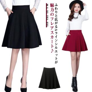 厚手 ミニスカート ひざ丈 選べる フレアスカート フレアースカート レディース ハイウエスト ポケット付き ミニ丈 美脚 フレア カジュアル インナーパンツ付 冬 サーキ ウエストゴム