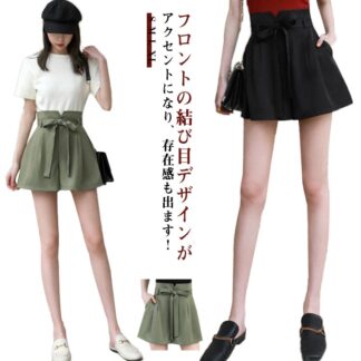 キュロット キュロットパンツ ハーフパンツ ショートパンツ 森ガール スカーチョ 薄手 リボン ウエストゴム ボトム フレア パンツ ウエストリボン ワイドパンツ 女の子 ハイウエスト 体型カバー