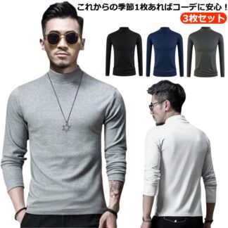 カットソー Tシャツ メンズ 無地 3枚 8サイズ ハイネック tシャツ ロンT 長袖 トップス インナー 大きいサイズ モダール 春秋 通勤 普段着 レイヤード ビジネス