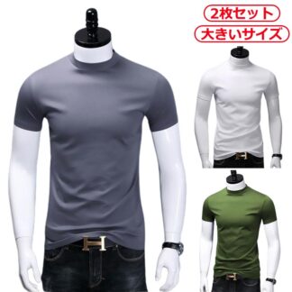 ハイネック カットソー メンズ 半袖 Tシャツ 無地 無地tシャツ 夏 ハイネックtシャツ スポーツ ネイビー 2枚セット ティーシャツ 白 トップス ゴルフウェア カジ 黒