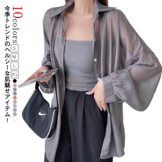 シアーシャツ レディース ロングシャツ きれいめ シアートップス シフォンシャツ 長袖シャツ シフォン 夏 春 肌見せ 重ね着 透け感 紫外線対策 カーディガン 冷房対策 体型カバー 韓国ファション