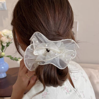 パールオーガンジーシュシュ ビッグシュシュ ヘアゴム フリル おしゃれ 春夏 レデイースヘアアクセサリー 可愛い