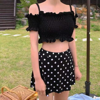 水着 レディース シャーリングオフショルダーセパーレート 上下セット 大人可愛い ドット柄レディースファッション ビキニ