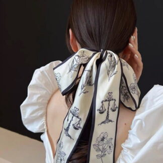 ロングリボンシュシュ ヘアゴム 花柄シュシュ 上品 カジュアル おしゃれ レディースヘアアクセサリー 大人可愛い