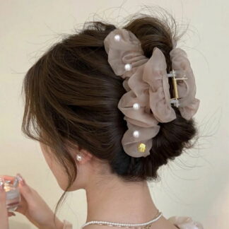 オーガンジーパールバレッタ バンスクリップ パールヘアクリップ フリル バレッタ ヘアピン 大人可愛い 春夏 レディースヘアアクセサリー おしゃれ