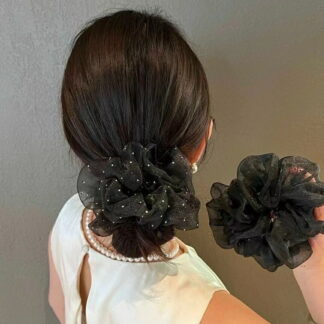 キラキラシュシュ ヘアゴム ラインストーン シフォン ブラック おしゃれ 春夏 レディースヘアアクセサリー 大人可愛い 上品