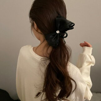 オーガンジーリボンバンスクリップ ビジューバレッタ ヘアクリップ 春夏 ブラック 上品 エレガント おしゃれ 大人可愛い レディースヘアアクセサリー シンプル