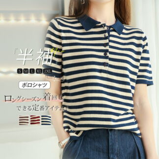 ポロシャツ レディース 夏 半袖 tシャツ ボーダー柄 綿100％ カジュアル ゴルフウェア スポーツウェア トップス カットソー 事務服 通勤 おしゃれ ストレッチ