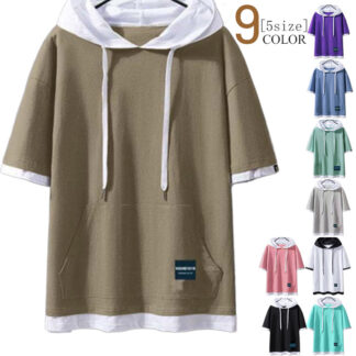 薄手 フード付きtシャツ Tシャツ 全9色×5サイズ 春 夏 tシャツ メンズ 半袖パーカー 半袖 レイヤード 重ね着 シンプル 半袖tシャツ 大きサイズ 涼しい トップス 夏服 春夏 プルオーバー