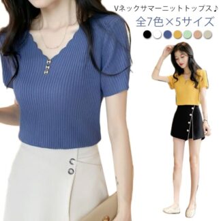 オフィス おしゃれ Vネック サマーニット 春 夏 tシャツ 半袖ニット ニット サマー ニットトップス リブ 薄手 シンプル 無地 通勤 レディース カジュアル きれいめ シンプ 半袖