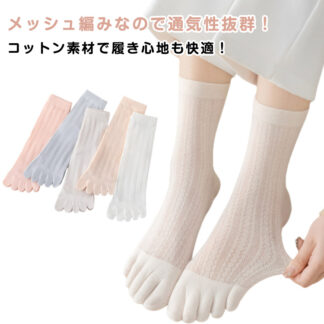 夏用 レディース シンプル 薄手 通気性抜群 靴下 メッシュ 綿 コットン 足指 ホワイト 同色 異色5足セット 吸汗 クルーソックス 無地 五本指靴下 おしゃれ 楽ちん 臭わない 蒸れな