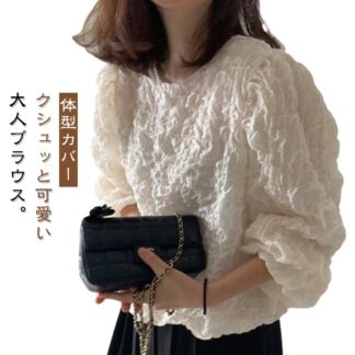 秋 春 ブラウス 夏 着回し ジャカード素材 レディース フェミニン ボリューム袖 Tシャツ トップス カットソー エンボス加工 おしゃれ 体型カバー シンプル 大人 カ ゆったり