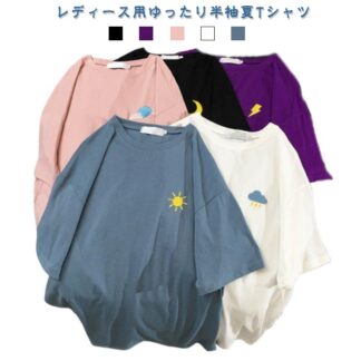 Tシャツ カジュアル クールネック 秋 半袖 夏 春 刺繍 レディース ゆったり 無地 大きいサイズ おしゃれ シンプル ゆるっと きれいめ 着回し カットソー tシャツ 半袖tシ トップス