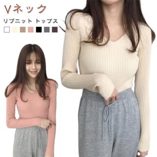 ニット ニットインナー リブニット 夏 白 春 春夏 レディース グレー セーター トップス 長袖 無地 Vネック ホワイト アイボリー ベージュ ピンク 黒 ブラック 長袖ニ ブルー