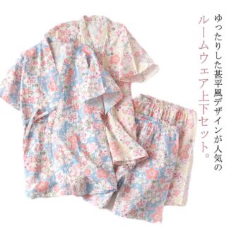 レディース 甚平 かわいい花柄 ガーセ 綿 上下セット Vネック 半袖 ショートパンツ 浴衣 薄手 パジャマセット 春夏用 ルームウエア ナイトウエア 無地 作務衣 2重ガーゼ 寝巻き 部屋着 和風