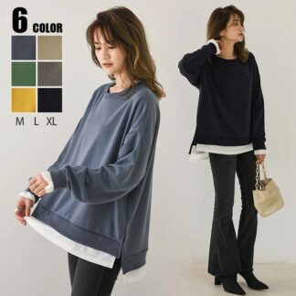 [kayiyasu] レイヤード風 トレーナー レディース スウェット シャツ トップス 重ね着風 二枚重ね 前後差 長袖 プルオーバーパーカー カジュアル 体型カバー 女性 ゆったり 薄手