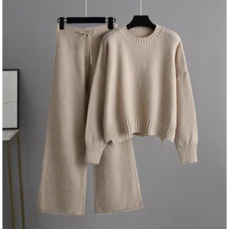 ニット ニットセーター セットアップ ワイドパンツ レディース 冬 秋冬 体型カバー ゆったり 長袖 ラウンドネック ケーブル編み セーター ニットパンツ 部屋着 おしゃれ