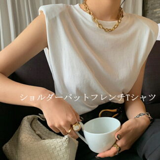 ショルダーパットフレンチTシャツ コットン クルーネックフレンチスリーブ Tシャツレディス袖なし 体型カバー 夏 新作 お洒落