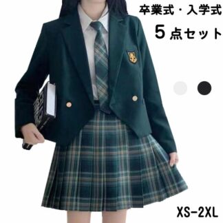 卒業式 スーツ 女の子 ブレザー 制服 5点セット 英国風 チェック柄 プリーツスカート バッジ付き 2つボダン