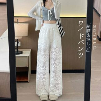 ワイドパンツ 総レース レディース ペチパンツ ロング イージーパンツ 夏 レース パンツ ボトムス インナー ズボン 長ズボン ロングパンツ ハイウエスト 裾レース 重ね着 刺繍入り ウエストゴム