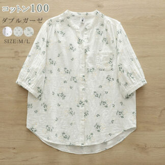 半袖 シャツ 綿100 レディース ドット ブラウス ガーゼシャツ ギャザー 夏 シャツブラウス 五分袖 トップス スキッパー Vネック ボタン止め 水玉柄 オーバーサイズ 半袖シャツ ナチュラ