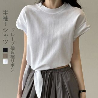 tシャツ レディース 半袖 ドレープ袖 トップス Tシャツ カットソー クルーネック ラウンドネック タック ドレープ ボリューム袖 裾リボン タイ ドロップショルダー ギャザー 二つの腕