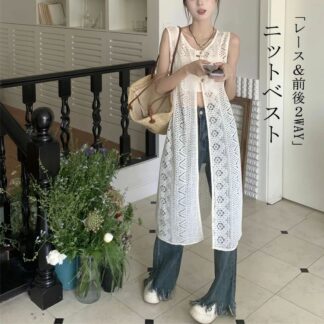 ニットベスト レディース 前開き ロングニット 透かし編み 2WAY ジレ ベスト ロングジレ 春夏 サマー ベストトップス 体型カバー レイヤード ロング サマーニット レースニット ラウン