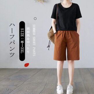 ハーフパンツ 夏 レディース 大きいサイズ パンツ 綿麻風 膝丈 五分丈 ショートパンツ ミディアム丈 ボトムス ミニボトム ウエストゴム タック ガウチョパンツ 春夏 ズボン 薄手 綿