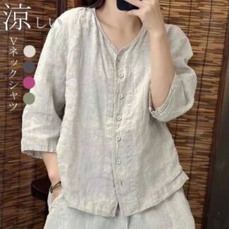 シャツ ブラウス Vネック レディース 春 夏 シャツブラウス トップス Vネックシャツ 薄手 ショート ゆったり 大きいサイズ ナチュラル 涼しい カジュアル 七分袖 シンプル 可愛 無地
